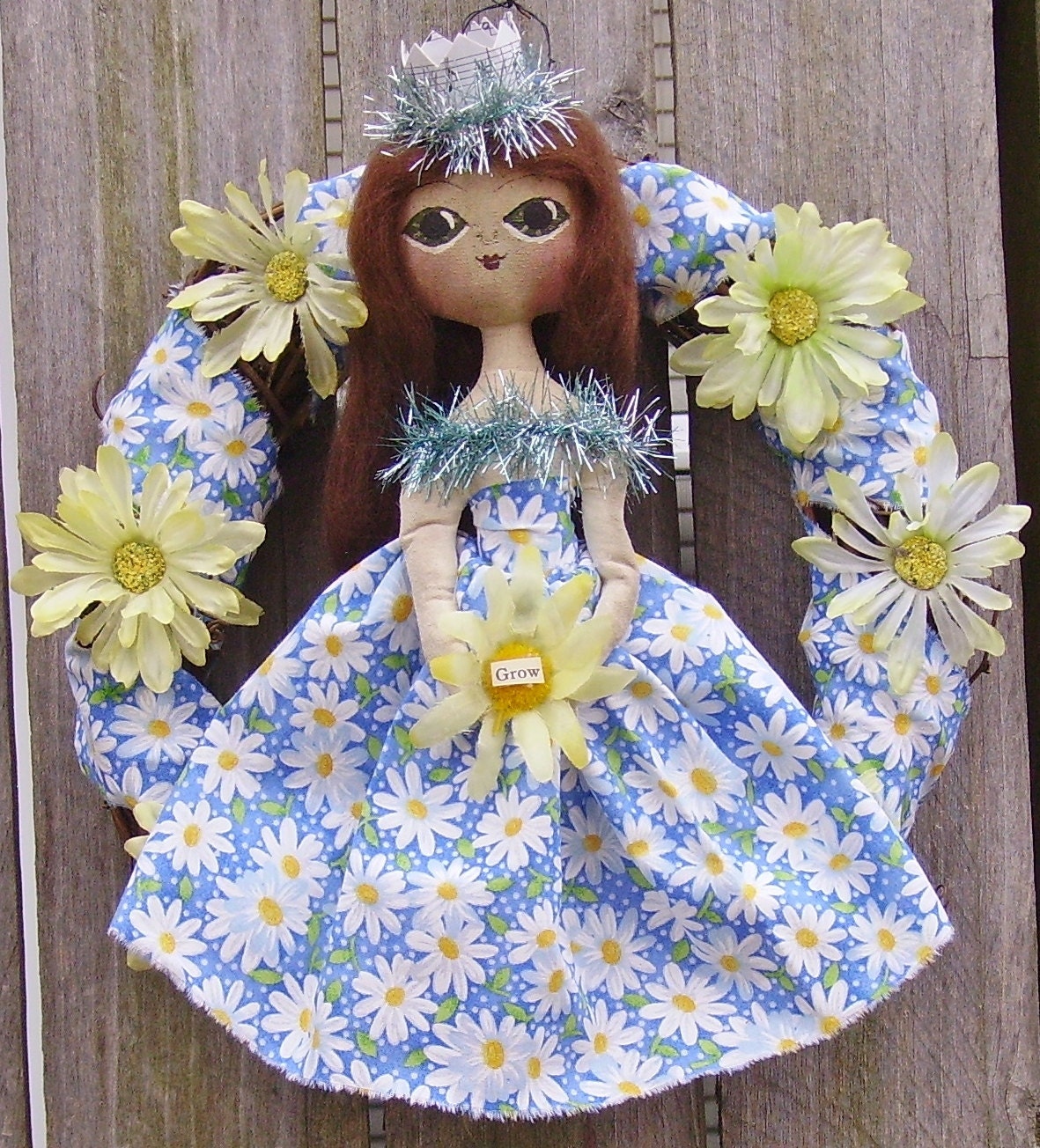 Daisy Wreath with Folk Art Doll Primitive Garden Inspired