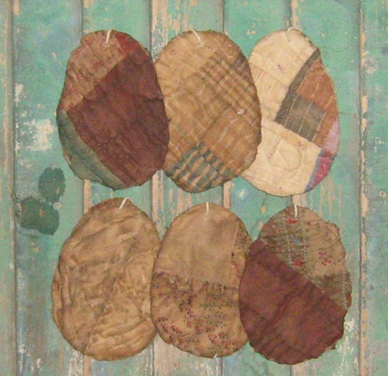 Primitive Easter Egg Ornaments - Grungy Tattered Egg Ornies - brown blue white antique quilt - small - set of 6