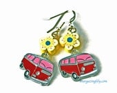 VW Campertop Van or Bus Enamel Charm earrings with peace loving hippy flowers in the color of your choice. Red & Pink Van