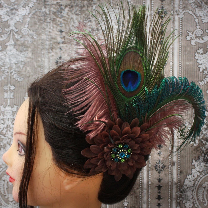Peacock Decadence Fascinator - Chocolate brown and peacock greens.