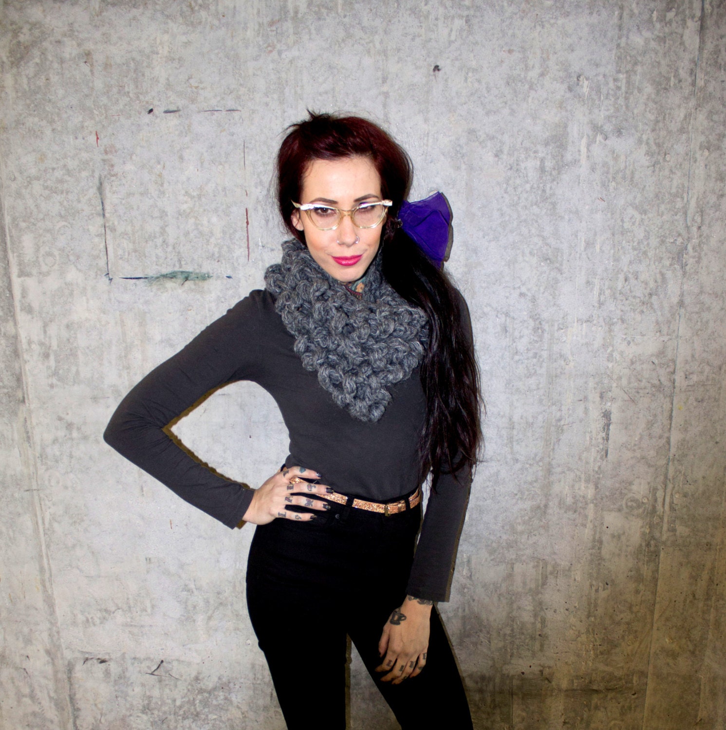 Grey chunky cowl scarf - crochet popcorn stitch - ecofriendly recycled wool mohair