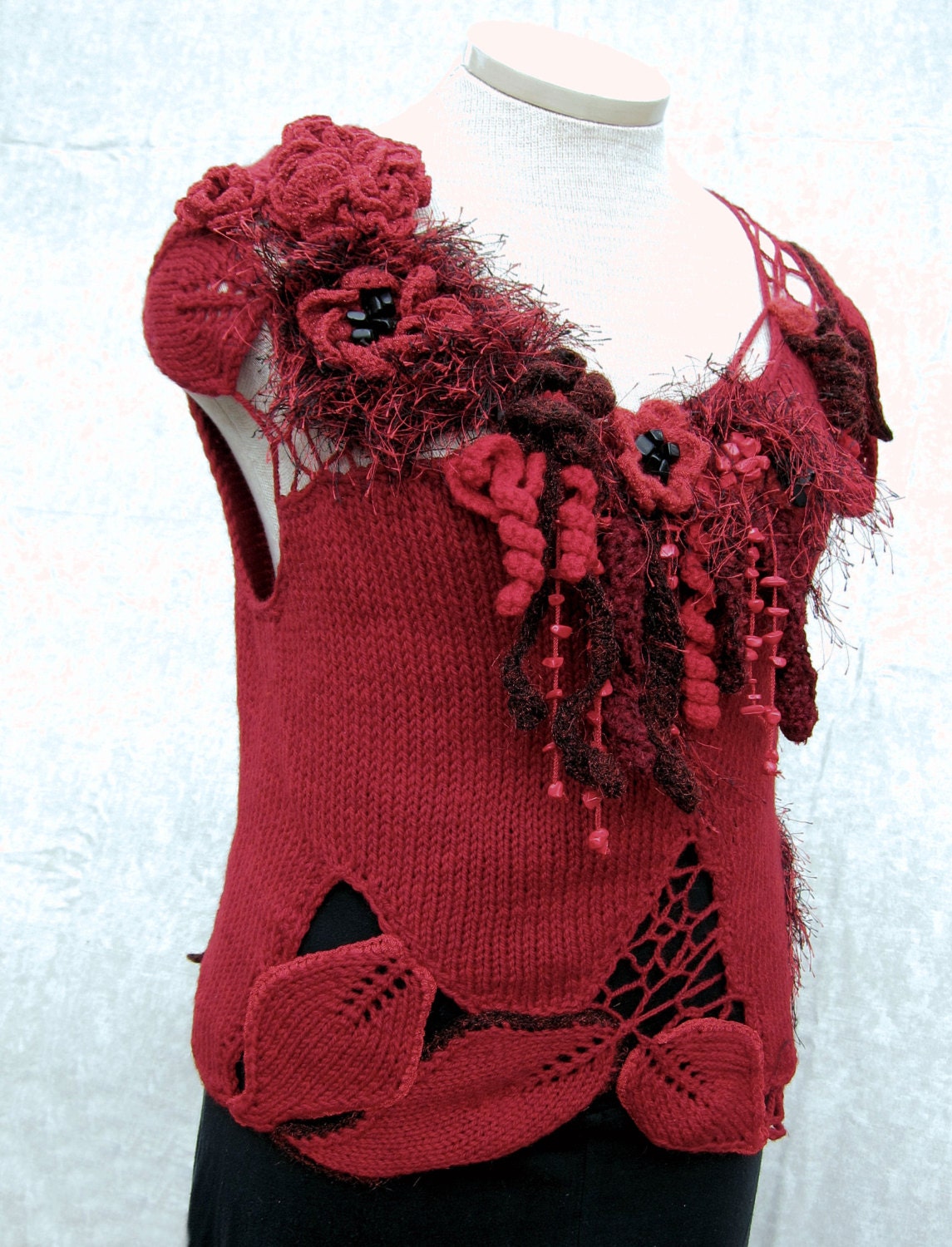 Hand knitted unique red sweater tunic free form wearable art