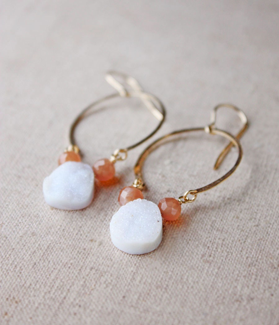 white druzy quartz earrings, gold horseshoe chandelier, peach moonstone, statement jewelry