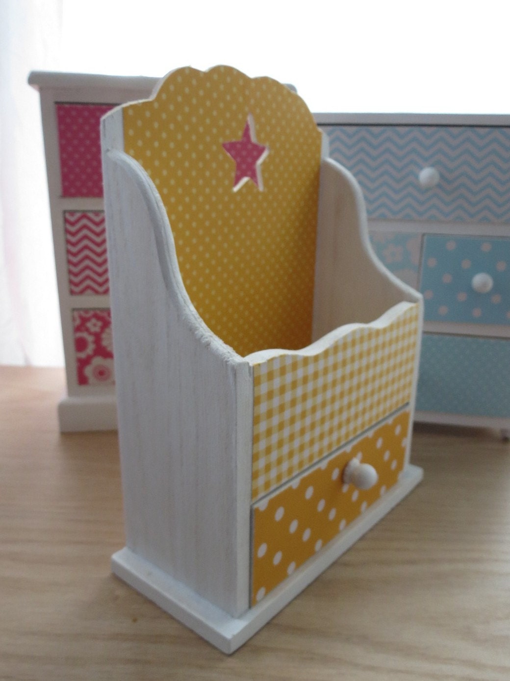 Letter Desk Office Wooden Organizer - Monochromatic Yellow Patterns