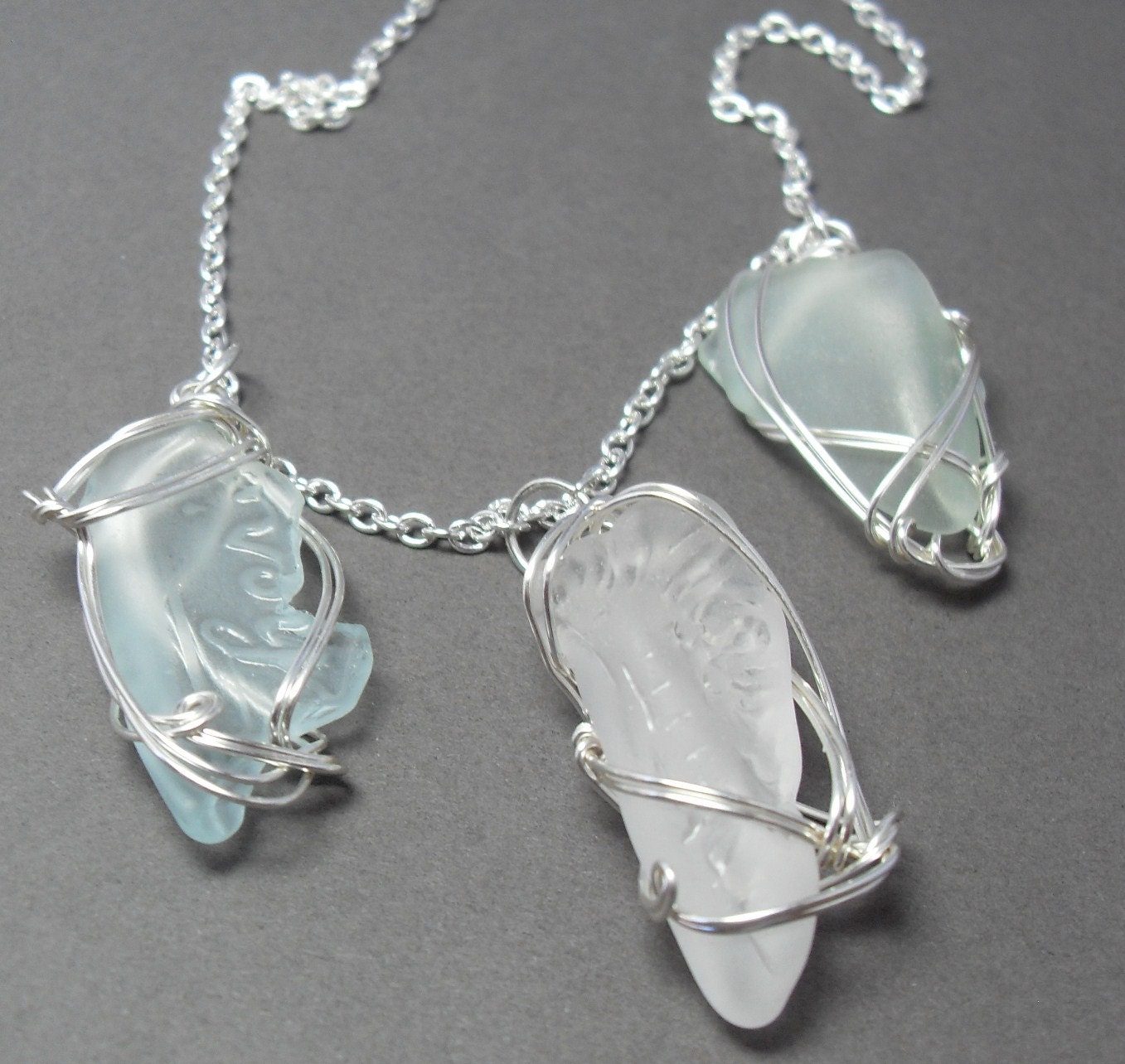 Triple Sea Glass Necklace in Aqua, Seafoam and White from Maine