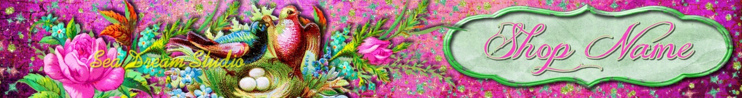 Beautiful Birds and Flowers Vintage Style Etsy Shop Banner and Avatar by Sea Dream Studio