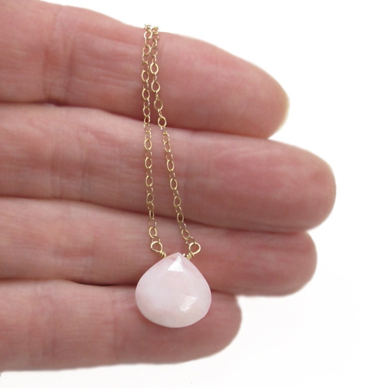 Pink Peruvian Opal Briolette Solitaire 14k Gold Fill Chain Necklace