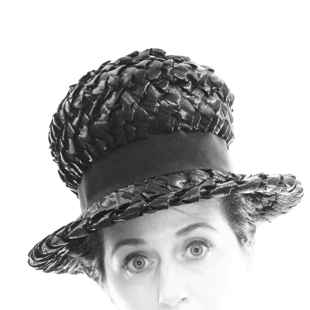 60s Bulb Shaped Straw Top Hat / Black