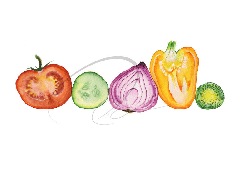 Vegetable Juice - Art Print watercolor red tomato purple onion yellow pepper green cucumber leek colourful fun fresh healthy Oladesign 8x10
