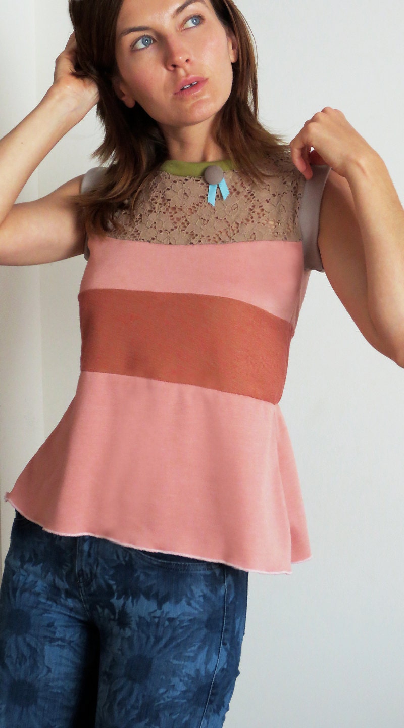 Pinky Lee Blouse stretch knit pink tan Spicy Toast