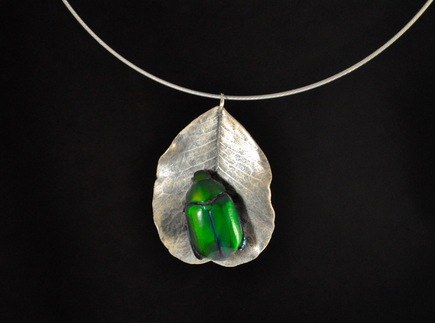 Real Sterling Leaf with Real Green Scarab Beetle Necklace