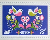 Vintage Style Postage Stamp Postcard - Folk Love Birds