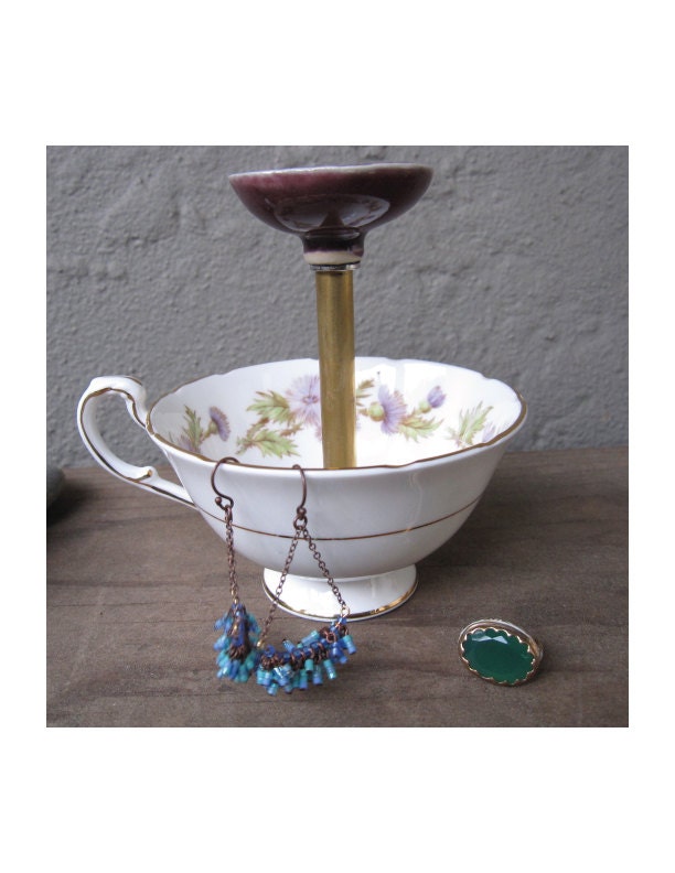 purple crystal vintage teacup ring holder