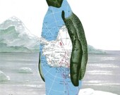 Penguin Print of Collage Art Antarctica Map Wall Decor Ice Blue Black