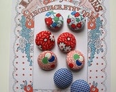 Fabric covered button mixed  set of 8 in reds and blues, sewing supplies