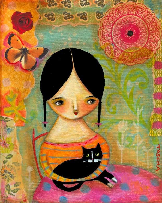 ORIGINAL collage mixed media ACRYLIC painting girl with black and white cat folk art by tascha 10x8