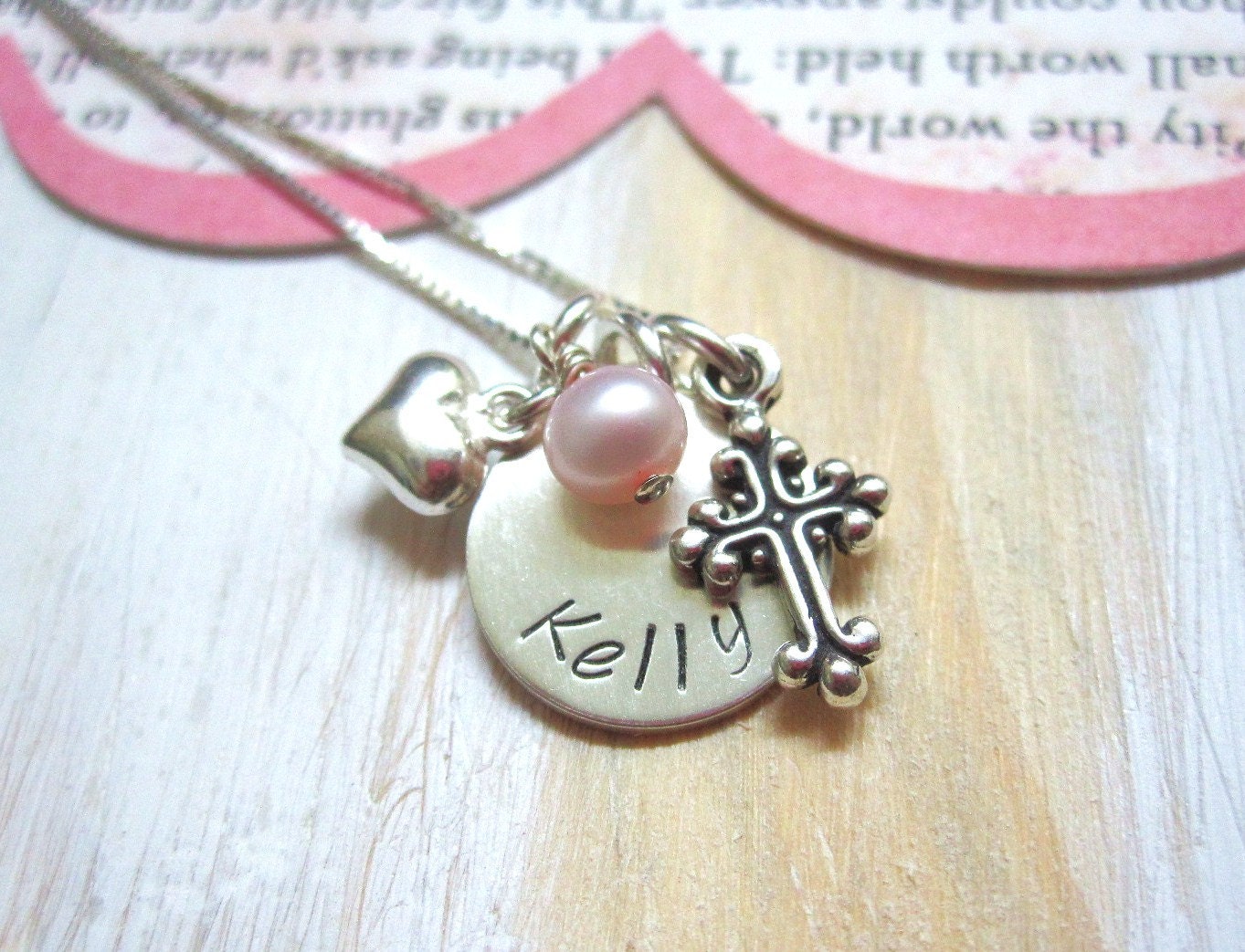 Cross, Heart and Pearl.....  Hand Stamped Personalized Name Custom Necklace... Baptism Gift ...Custom Jewelry ... Personalized Necklace
