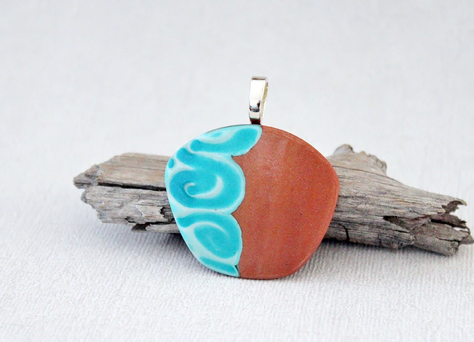 Polymer clay pendant. Copper teal. Swirls. Swirly. Patches. Trapezoid.