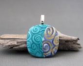Polymer clay pendant. Steel blue turquoise. Polymer clay jewelry. Swirls. Swirly. Square.