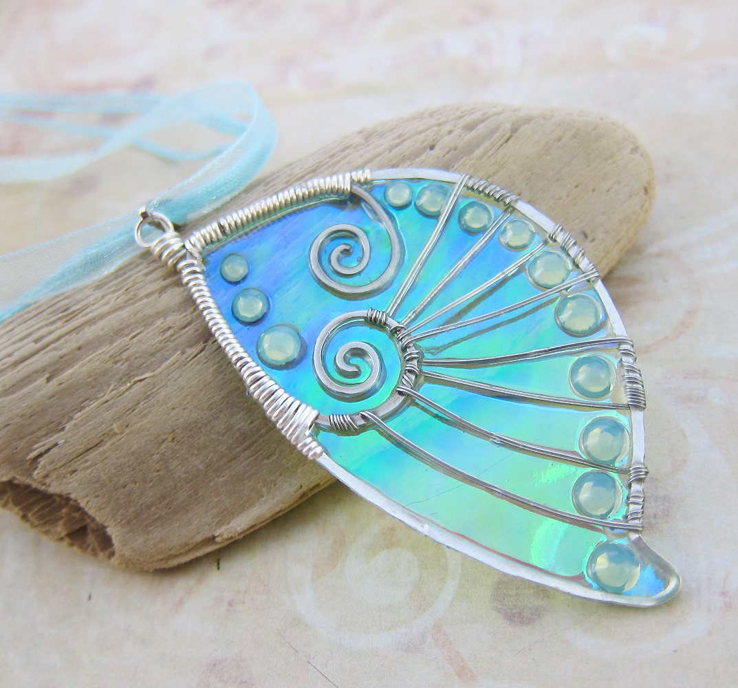 Sihaya Designs Faery Wing Necklace - The Lady of the Lake - Iridescent Fairy Wing Jewelry