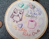 freestyle coffee owl doodle embroidery 4" inch hoop finished