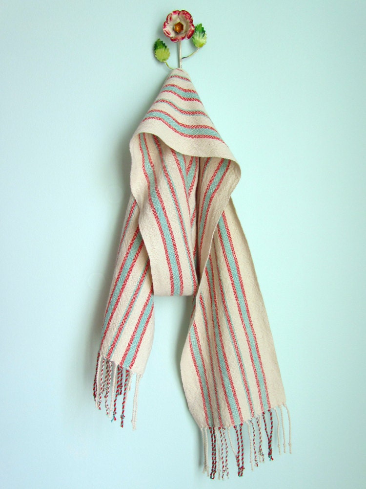 Striped Scarf Handwoven Cotton - Cream White Aqua Red
