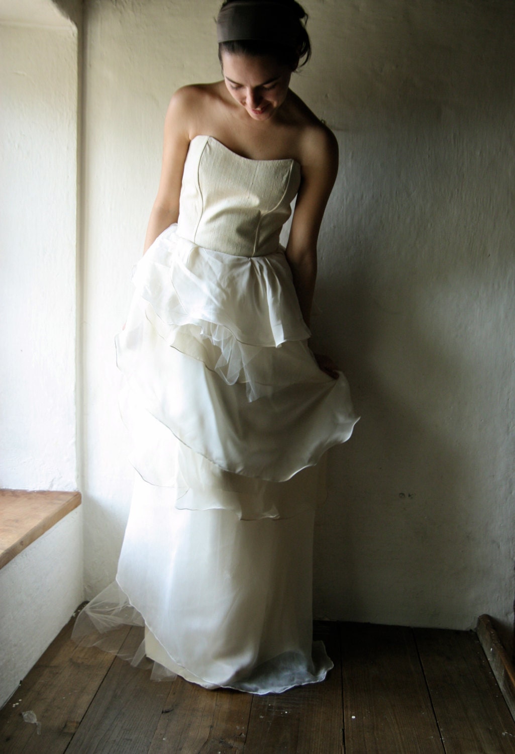 Wedding Dress - Silk Bridal Gown - Strapless Tiered Wedding gown is ivory silk - long dress