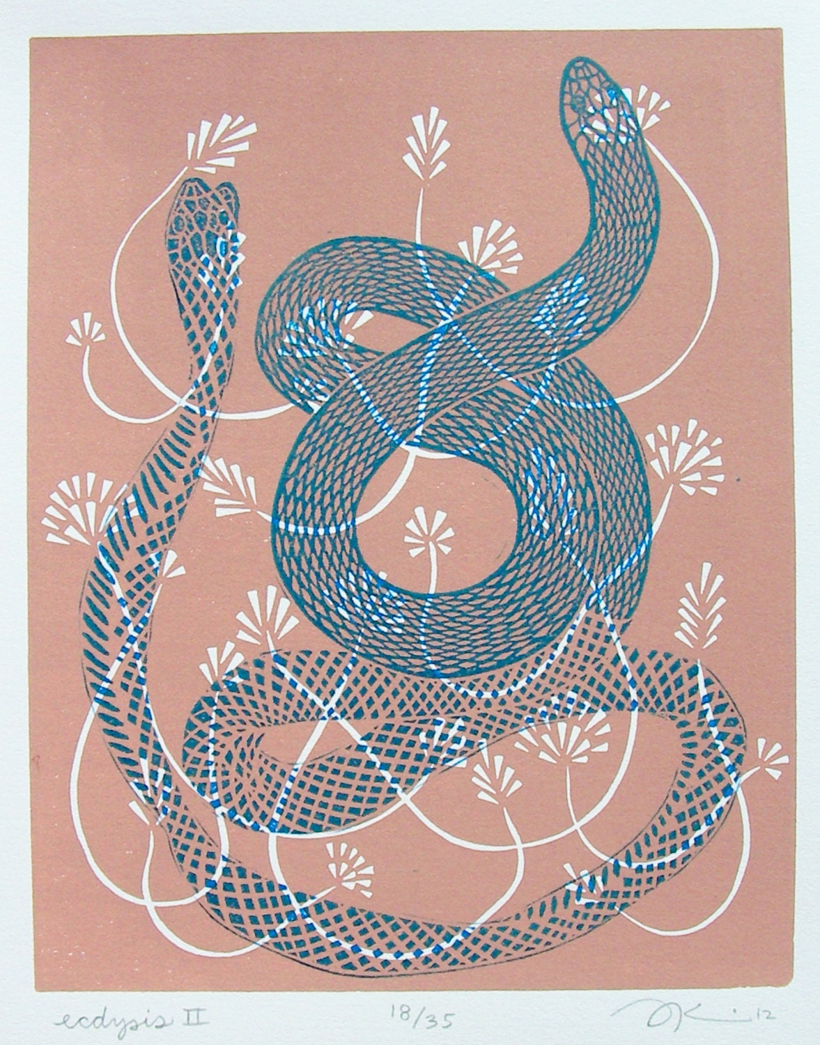 SALE - Was 35, Now 30 -- Ecdysis II - Linocut Print - Snake / Serpent / Shedding Skin / Scales / Blue / Dusty Rose Pink / Renewal