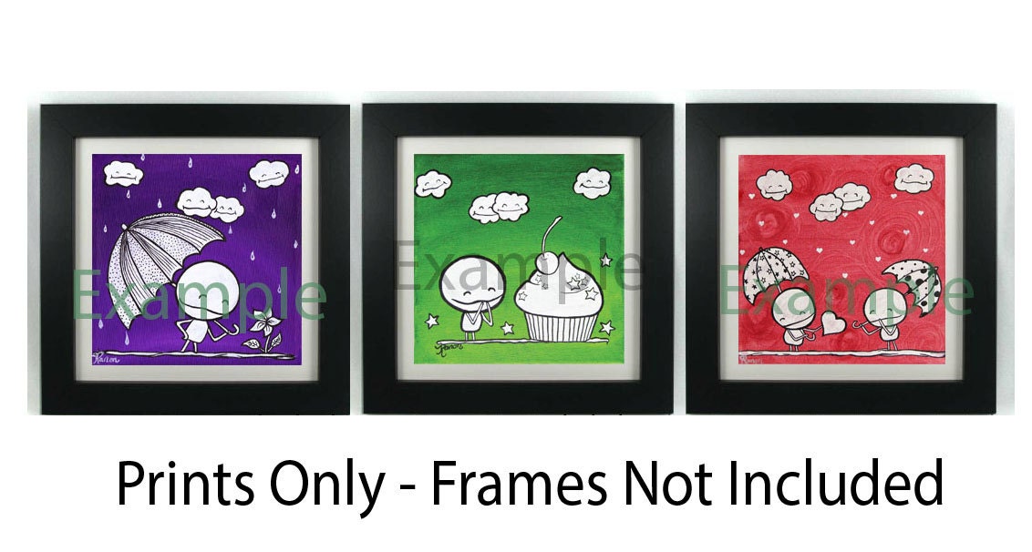 THREE 7x7 inch Deluxe Prints By Rocky The Zombie - I Love you - Under My Umbrella - My Cupcake