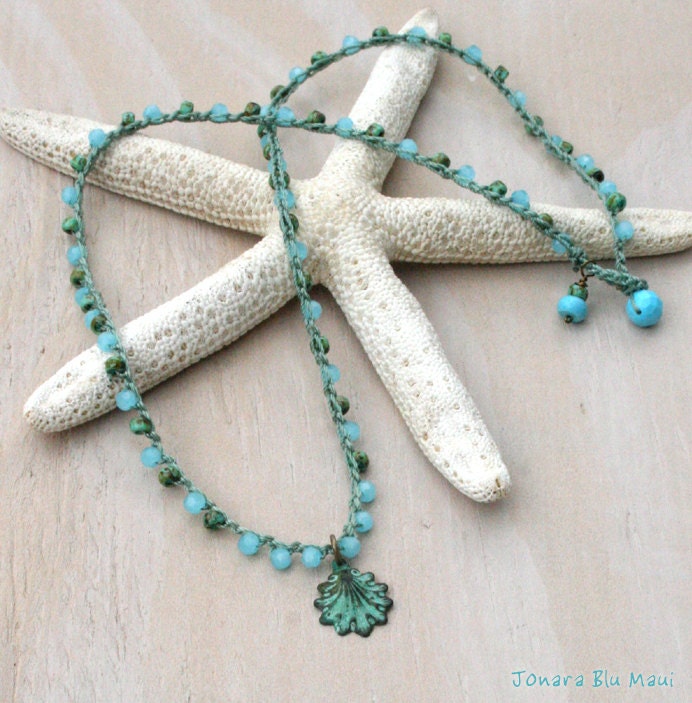Crocheted Necklace with Verdigris Victorian Shell Pendant - Beachy Shabby Chic