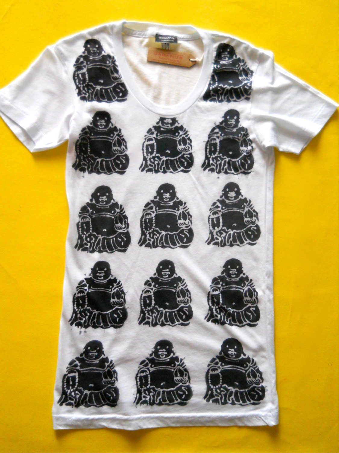 Women t shirt Laughing Buddha batik hand painted & hand dyed white size XS,  S, M, L, XL