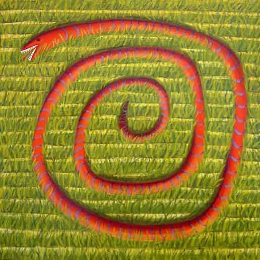 Original Oil on Canvas Narrative Allegorical Painting Red Snake in Grass