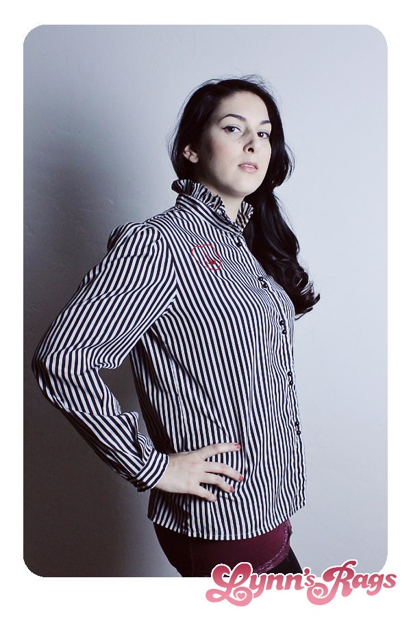 Vintage Black White STRIPE Blouse Secretary Shirt Pirate Ship Rockabilly Anchor