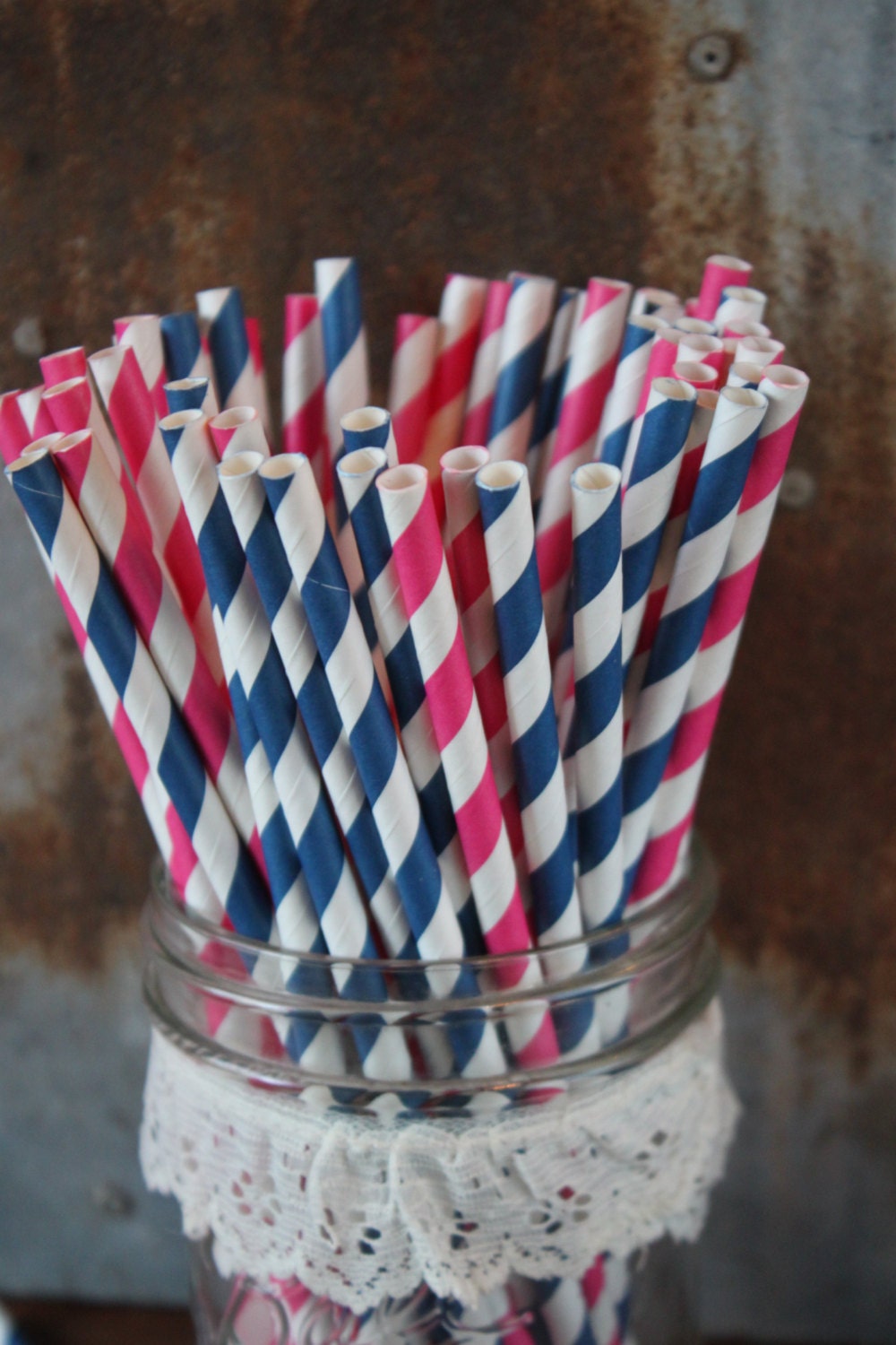 Navy and Hot Pink Paper Straws -- Set of 20 -- stripes and dots Il_170x135