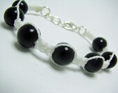 White Micro Macrame Bracelet with Black Round Glass Beads lobster clasp