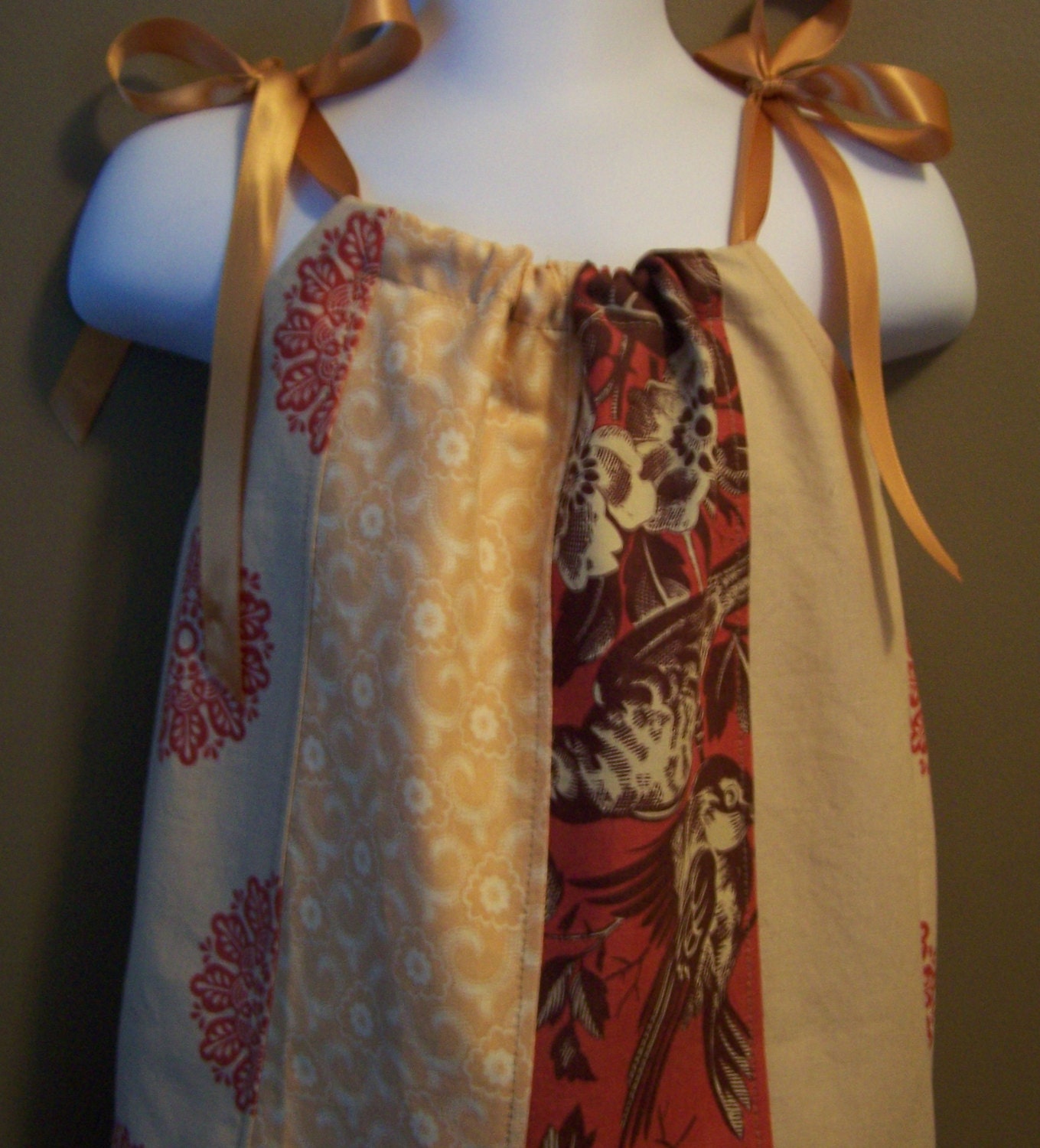 Ready to Ship in a Size 6-12 Month Chateau Rouge II  Girl, Toddler, Pillowcase Dress Tan, Burgundy, Bronze Satin Ribbon