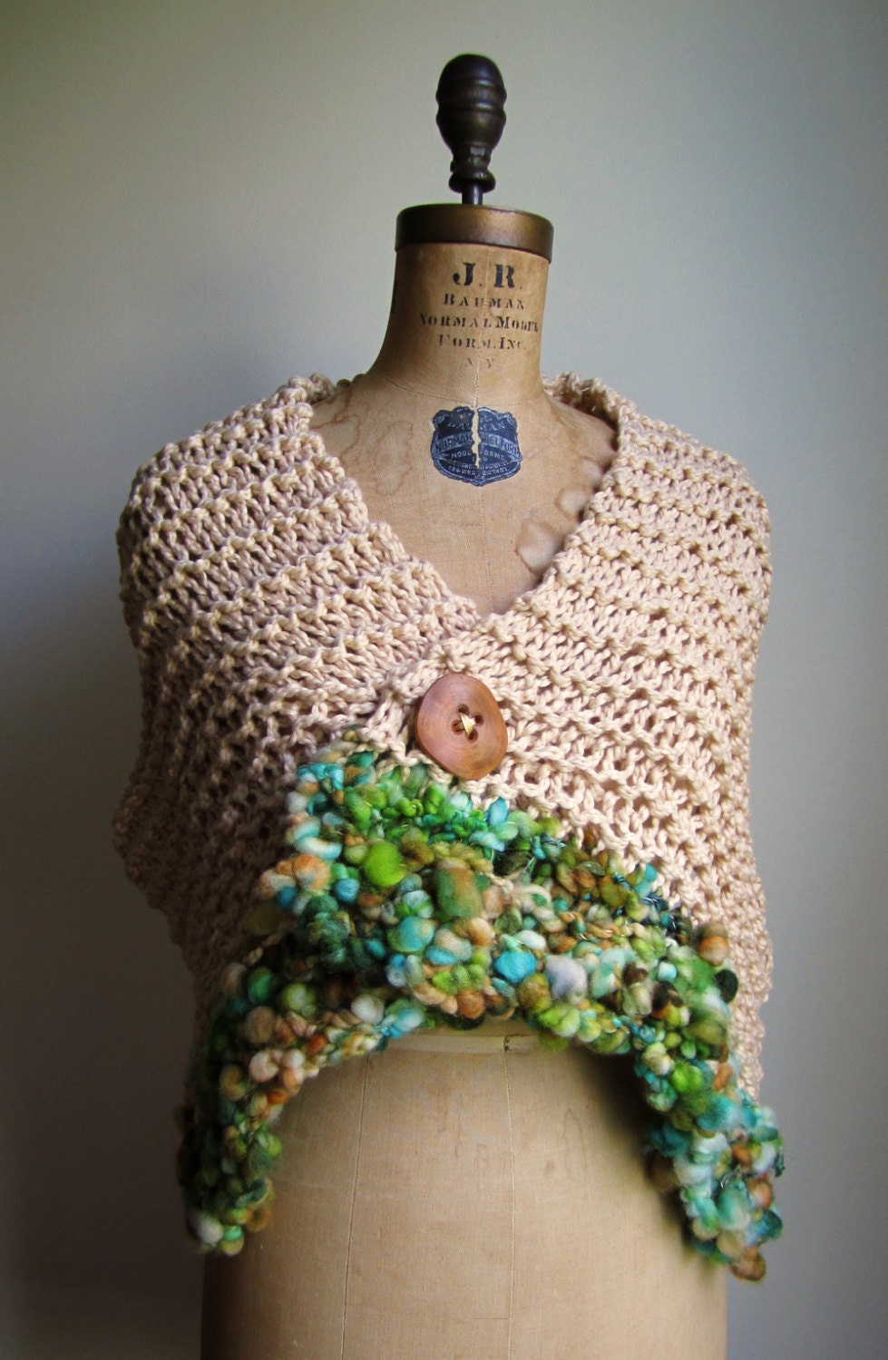 Bohemian Love Organic Cotton knit shawl  Tan. Green. Turquoise. Orange.