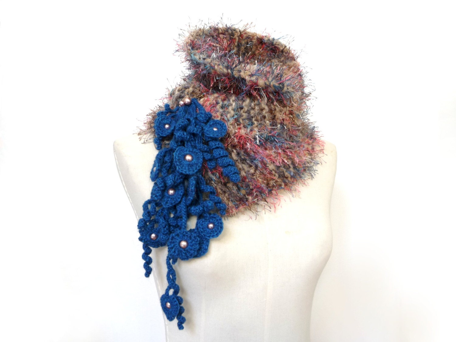 Knit Chunky Scarf, Faux Fur Crochet Neckwarmer / Scarflette, Brown Beige Blue and Pink - MUSKY FOX