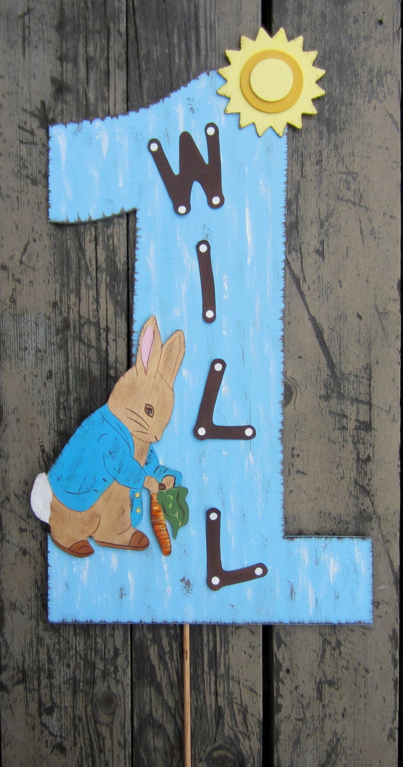 Peter Rabbit Happy 1st Birthday Prop Sign - Hand Painted Wood - Gift Table Centerpiece - Wall Hanging Keepsake