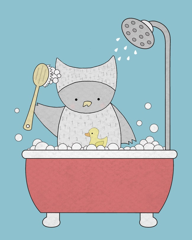 Kid's Bathroom Art, Owl in a Tub, Bathroom Wall Art, Nursery Art, Bathroom Decor