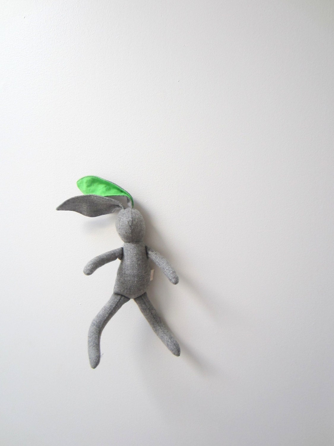 Small Bunny Rabbit doll soft fabric doll baby toddler grey wool Bright green linen unique OOAK upcycled eco-friendly  bubynoa Best Friend