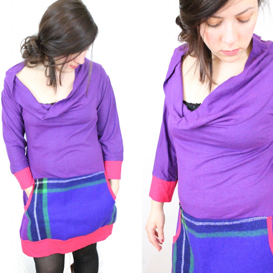 Womens Dress Cowl Neck Violet Purple Ruby Pink Vermont Wool Pocket Organic Cotton Soy Bamboo Plaid Flannel in Medium//by Nicoles Threads