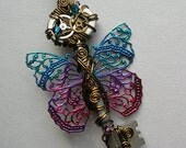 Butterfly Clockwork Key Pendant --Blue-Purple-Pink Steampunk Filigree Butterfly Winged Key Wire Wrapped with Gears, Crystals (A Key to Time)