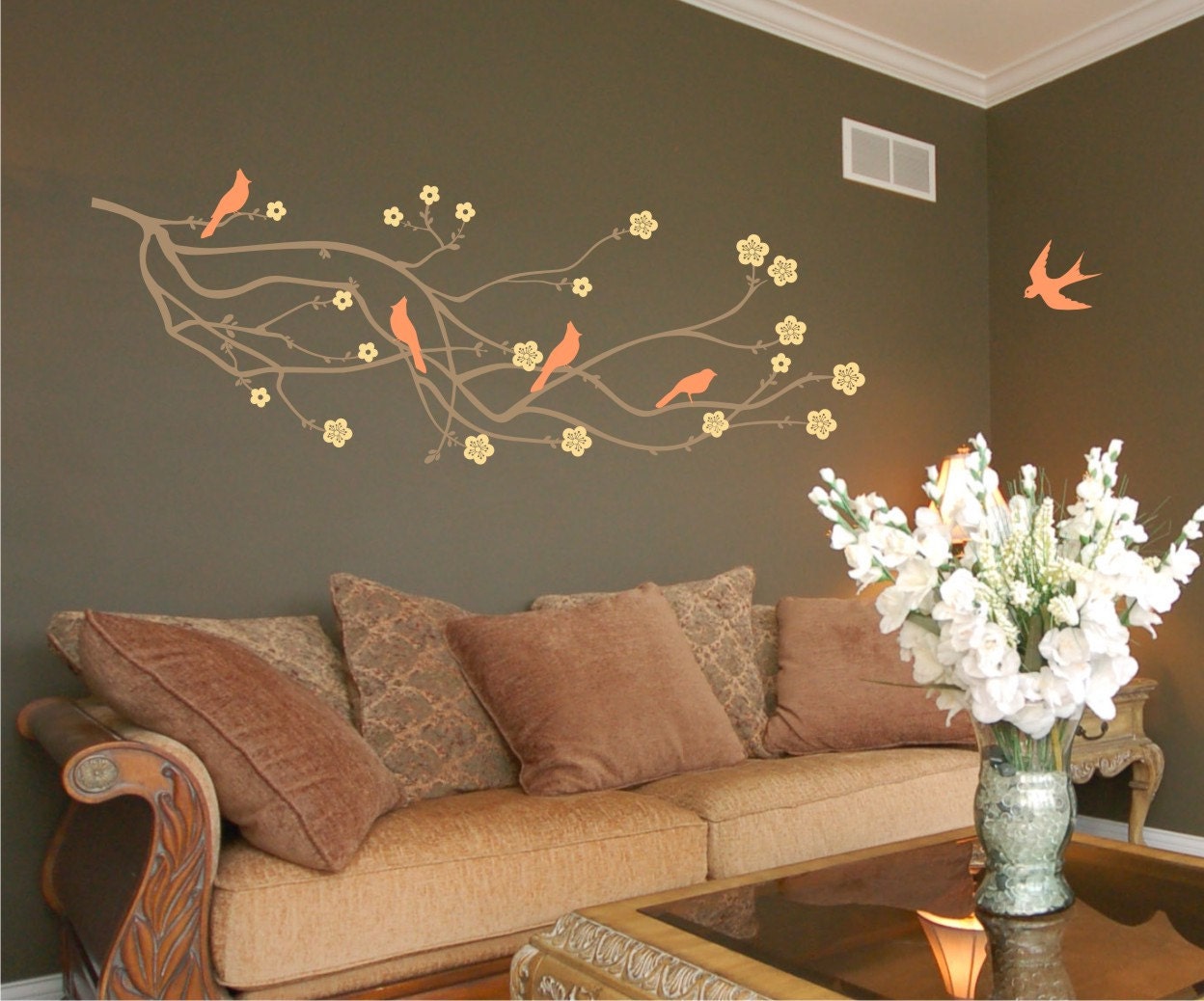 The Original Cherry Blossom Branch Wall Decal with 5 Birds in 3 colors - Vinyl Wall Art Stickers Etsy Decals
