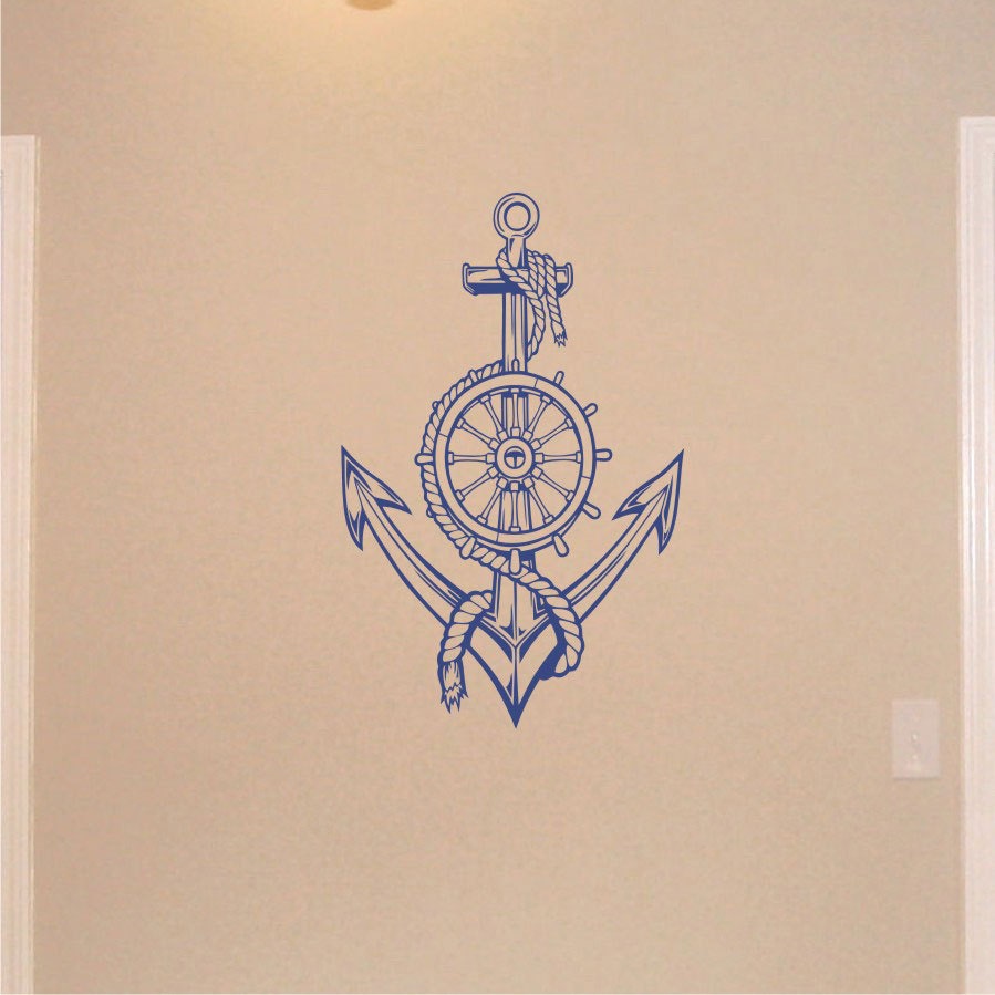 Wall Decal Nautical Ships Wheel and Anchor Vinyl Wall Art Graphic Sticker