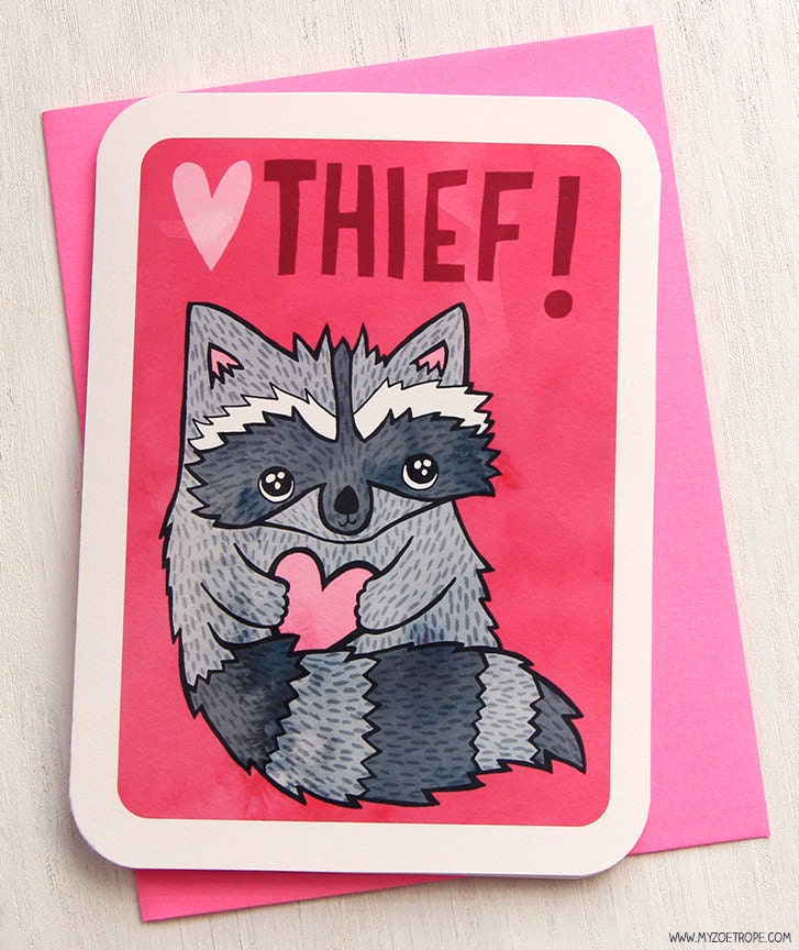 Valentine's Day Card - Heart Thief Raccoon - Valentine's Day Card