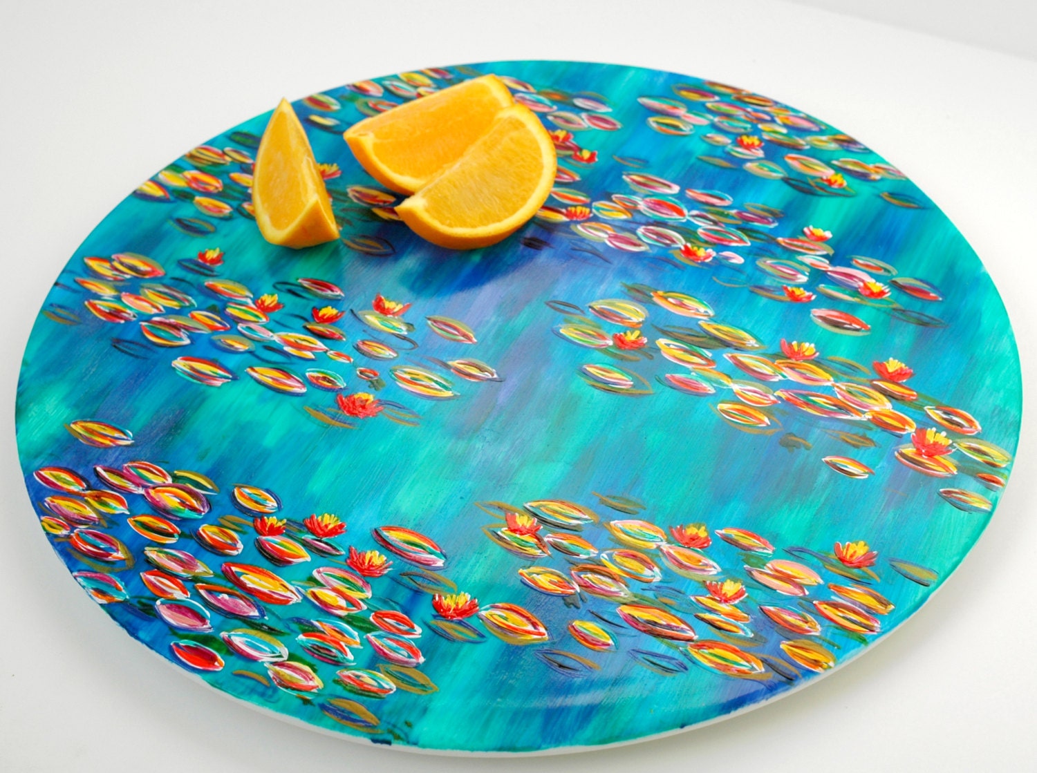 Hand-Painted Large Serving Platter--Colorful Water Lilies