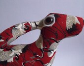 Mother Hare Tsuru Soft Sculpture hare plush fabric bunny rabbit ornament pillow Japanese cranes storks red black feathers birds