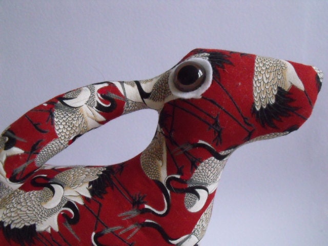 Mother Hare Tsuru Soft Sculpture hare plush fabric bunny rabbit ornament pillow Japanese cranes storks red black feathers birds