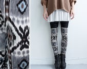 Leggings - Faux Thigh High - Ikat pattern Jersey, Black Sheer Stripes, Bamboo - XS, S, M, L